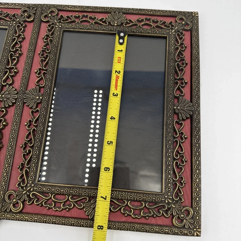 Vtg Ornate Double Brass Metal Photo Picture Frame Velvet Back Stand Alone Heavy